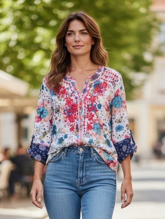 John Mark Tops - John Mark Mix Floral Button Front Tunic Embroidered 3/4 Sleeve Light Women's 1x